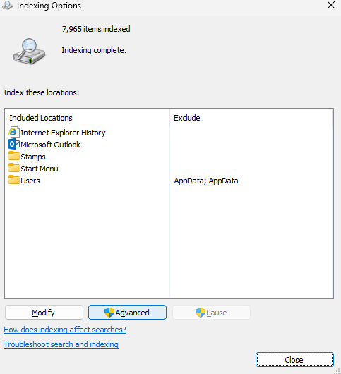 Advance Indexing options